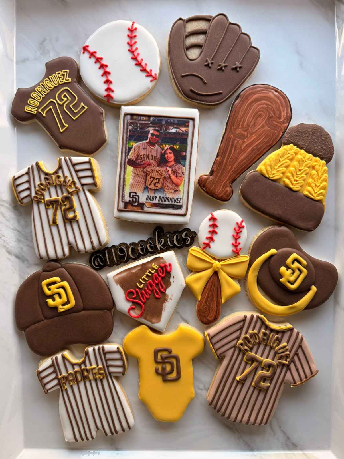 Custom San Diego Padres themed cookie set for a baby shower event