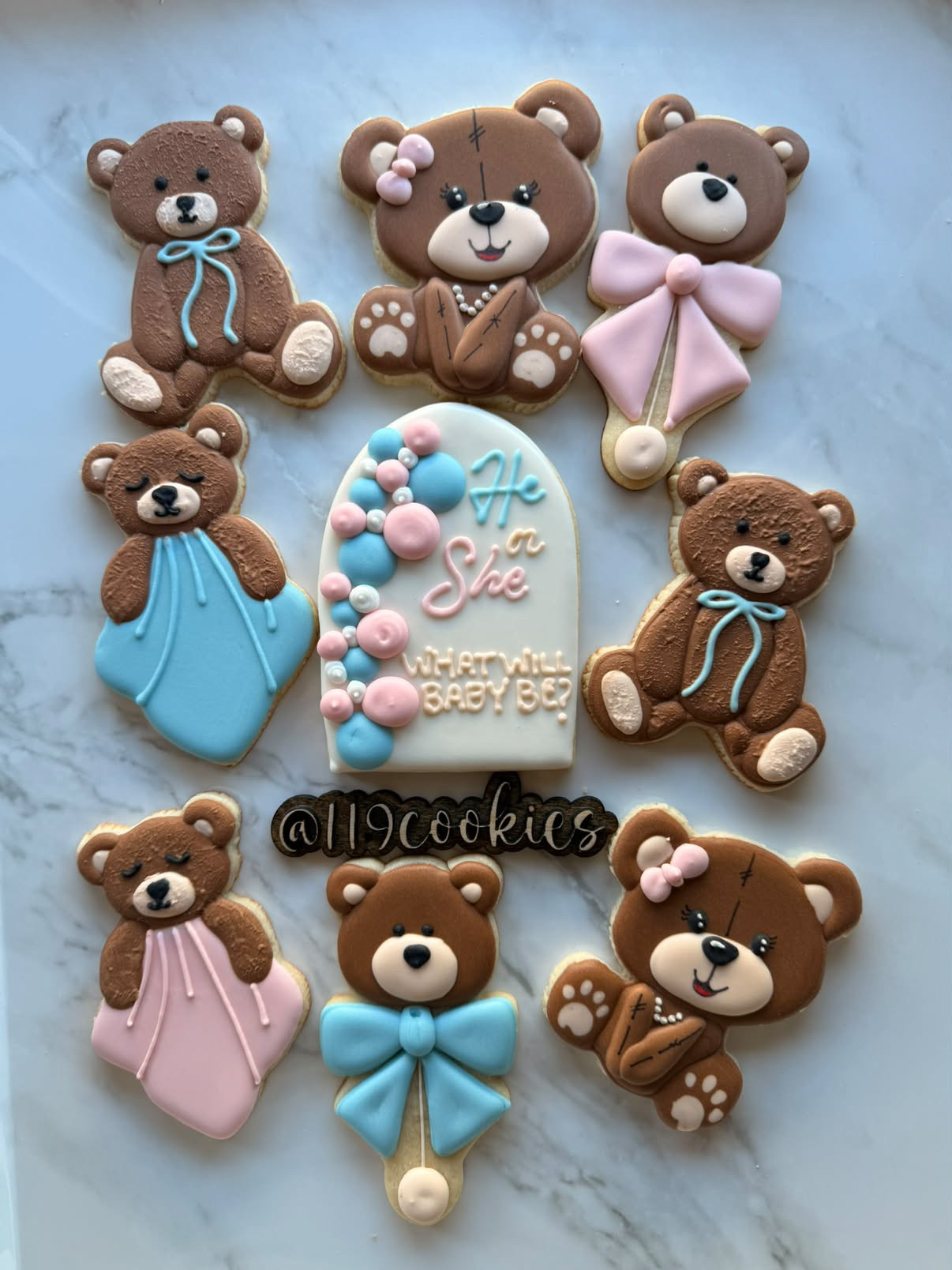 Custom hand-decorated teddy bear gender reveal sugar cookies made in San Diego